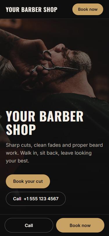Barbershop website template on mobile